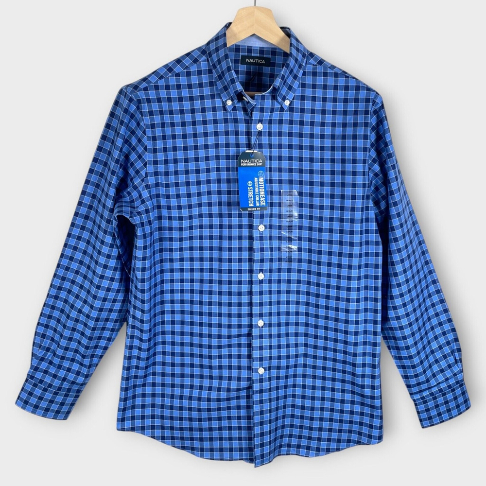 NAUTICA Performance Shirt Men's LARGE 16 34/35 Classic Fit Blue Plaid NEW